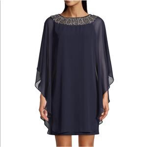 Xscape Mini Cape Dress Navy Blue 10 USA Beaded Chiffon Silver Wedding Guest